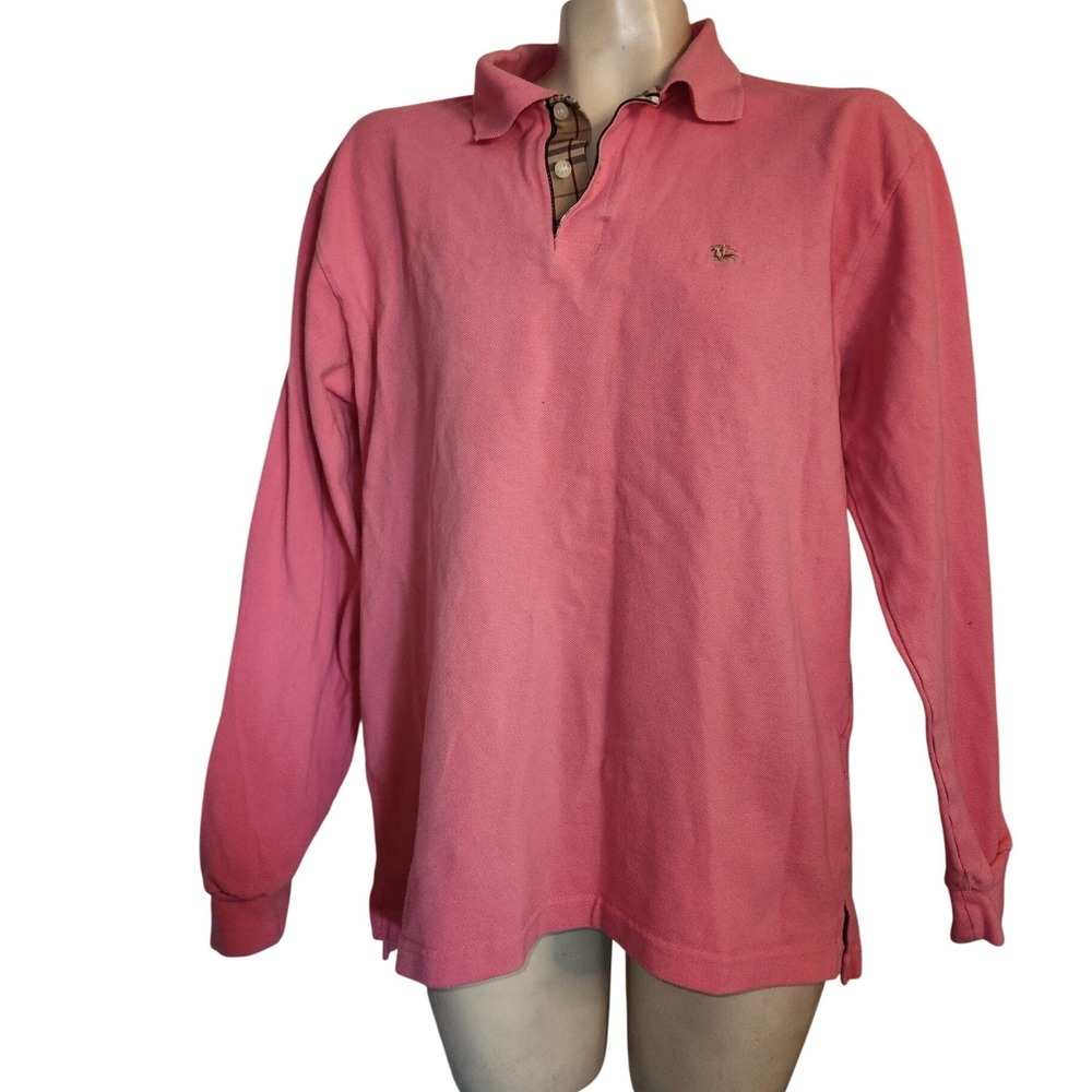 Burberry London Mens XL Pink Long Sleeve Polo Shirt Nova Check Placket Cotton